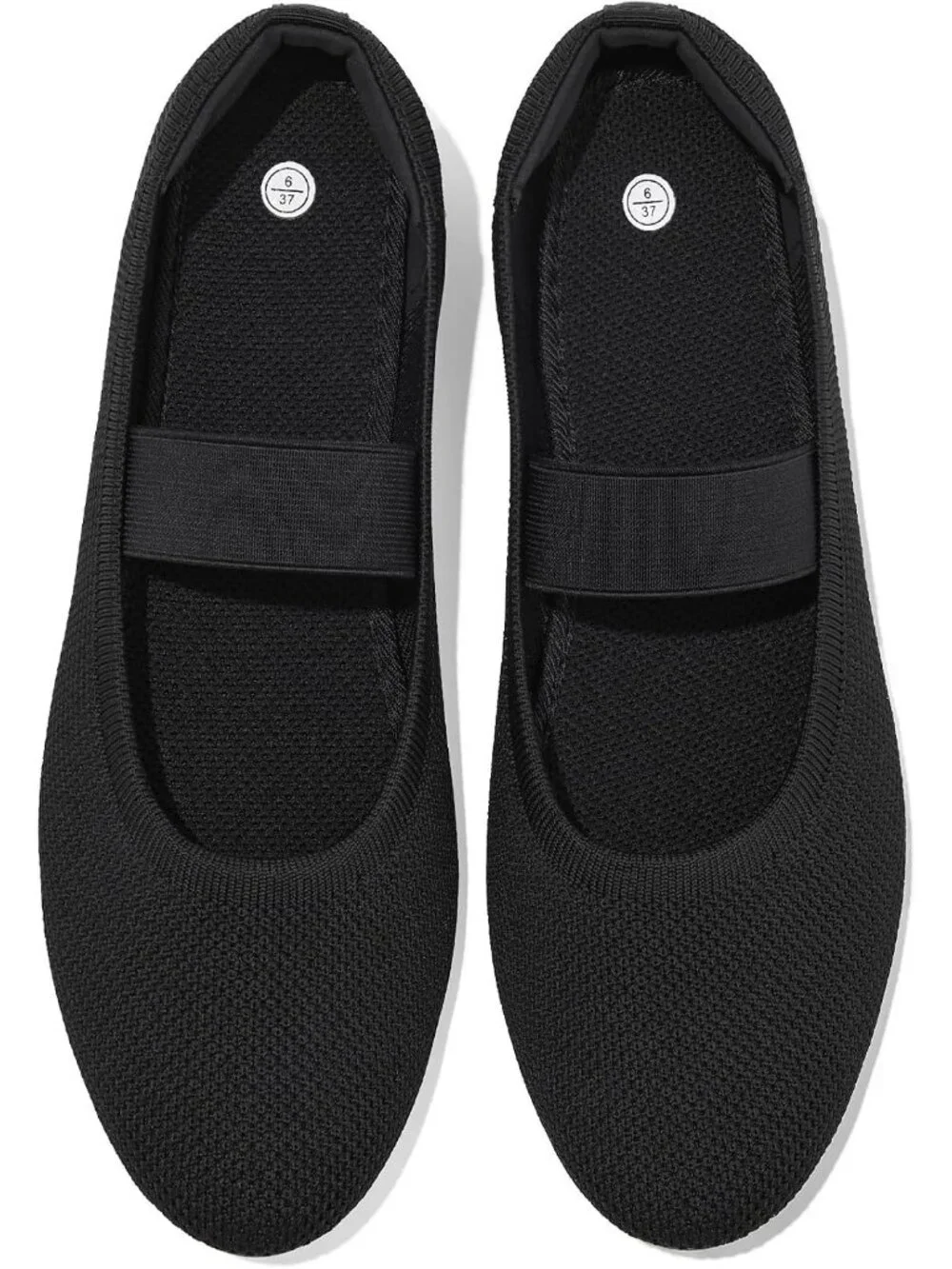Women's Black Knit Round Toe Elastic Strap Flat Comfortable Slip On Casual Shoes